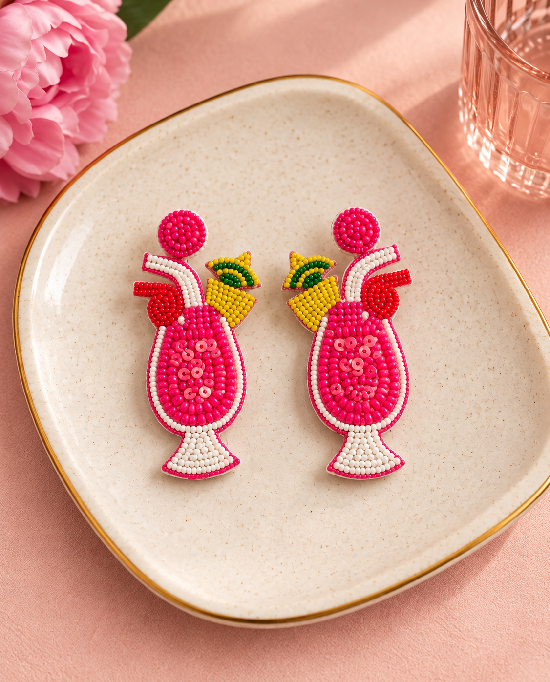 Pink Tropical Cocktail Beaded Statement Earrings